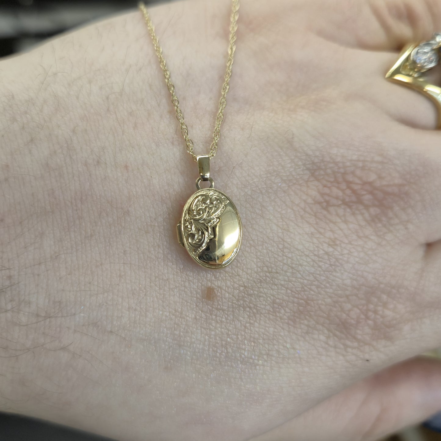 9ct Yellow Gold Small Oval Half Patterned Locket and Chain Necklace