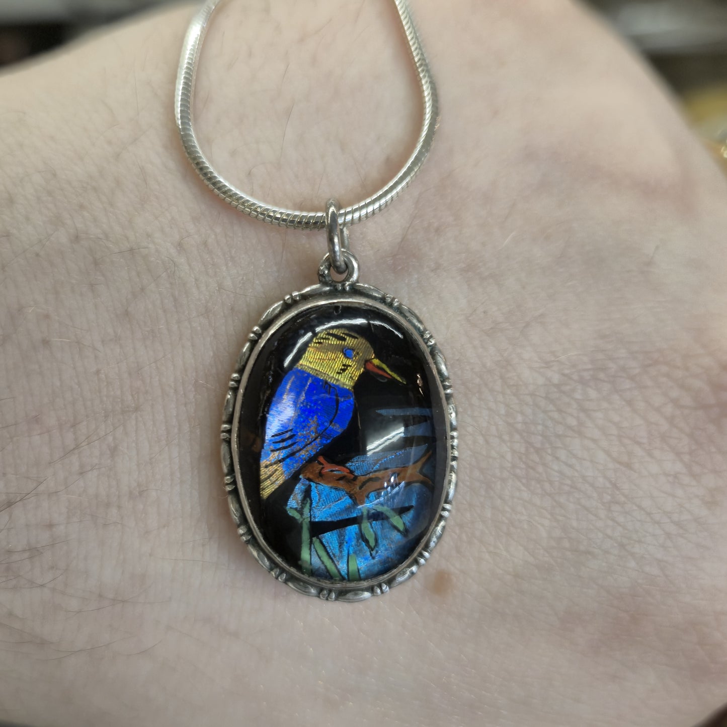 Sterling Silver Vintage Butterfly Wing Bird Detail Oval Pendant and Snake Chain