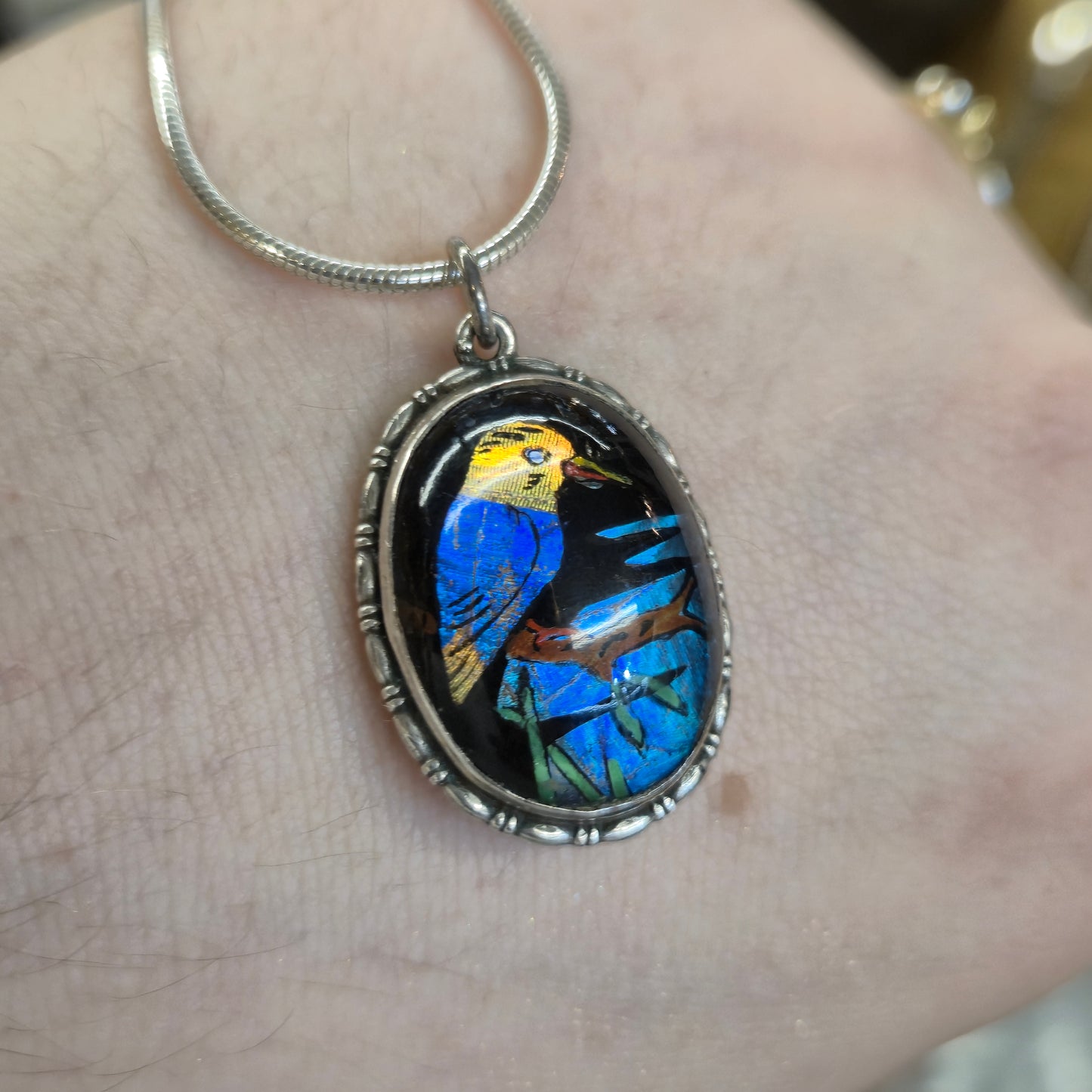 Sterling Silver Vintage Butterfly Wing Bird Detail Oval Pendant and Snake Chain