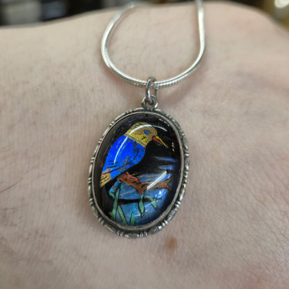 Sterling Silver Vintage Butterfly Wing Bird Detail Oval Pendant and Snake Chain