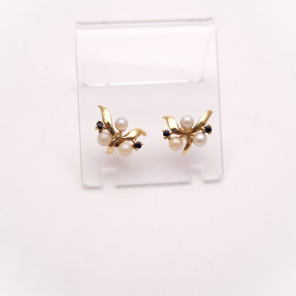 9ct Yellow Gold Vintage Pearl and Sapphire Leafy Foliate Stud Earrings