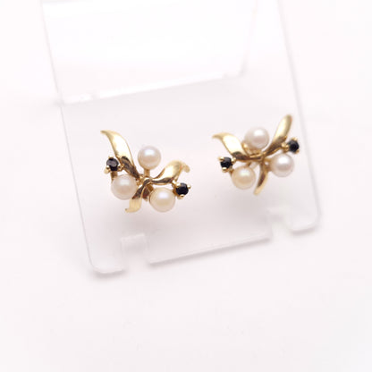 9ct Yellow Gold Vintage Pearl and Sapphire Leafy Foliate Stud Earrings