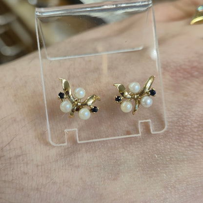9ct Yellow Gold Vintage Pearl and Sapphire Leafy Foliate Stud Earrings