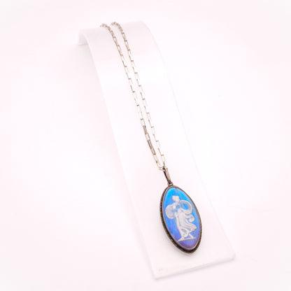 Sterling Silver Vintage Oval Butterfly Wing Cameo Pendant and Chain Necklace