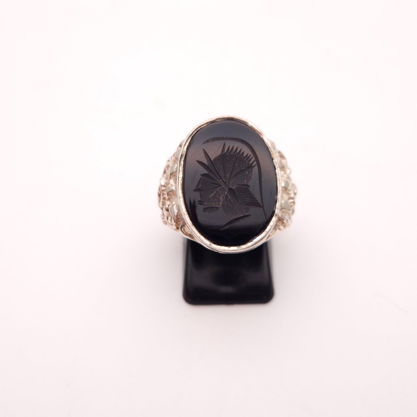 Sterling Silver Vintage Oval Carved Centurion Onyx Signet Statement Ring