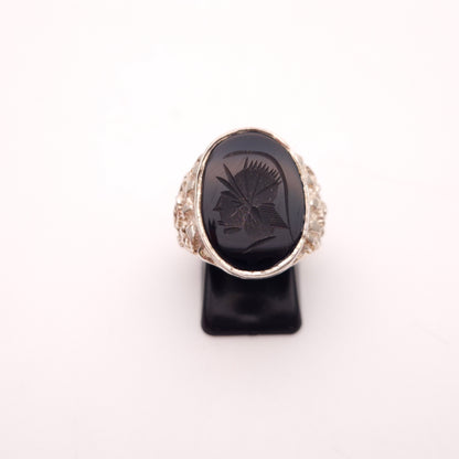 Sterling Silver Vintage Oval Carved Centurion Onyx Signet Statement Ring