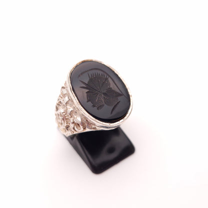 Sterling Silver Vintage Oval Carved Centurion Onyx Signet Statement Ring