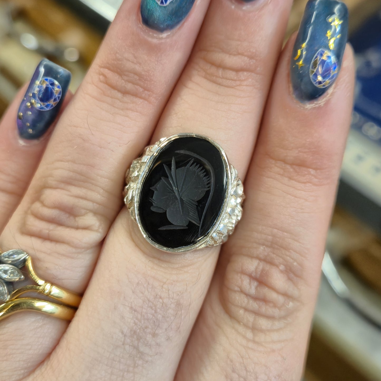 Sterling Silver Vintage Oval Carved Centurion Onyx Signet Statement Ring
