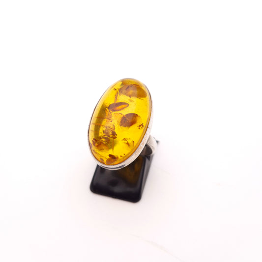 Sterling Silver Extra Large Oval Amber Cabochon Bezel Set Ring