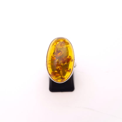 Sterling Silver Extra Large Oval Amber Cabochon Bezel Set Ring