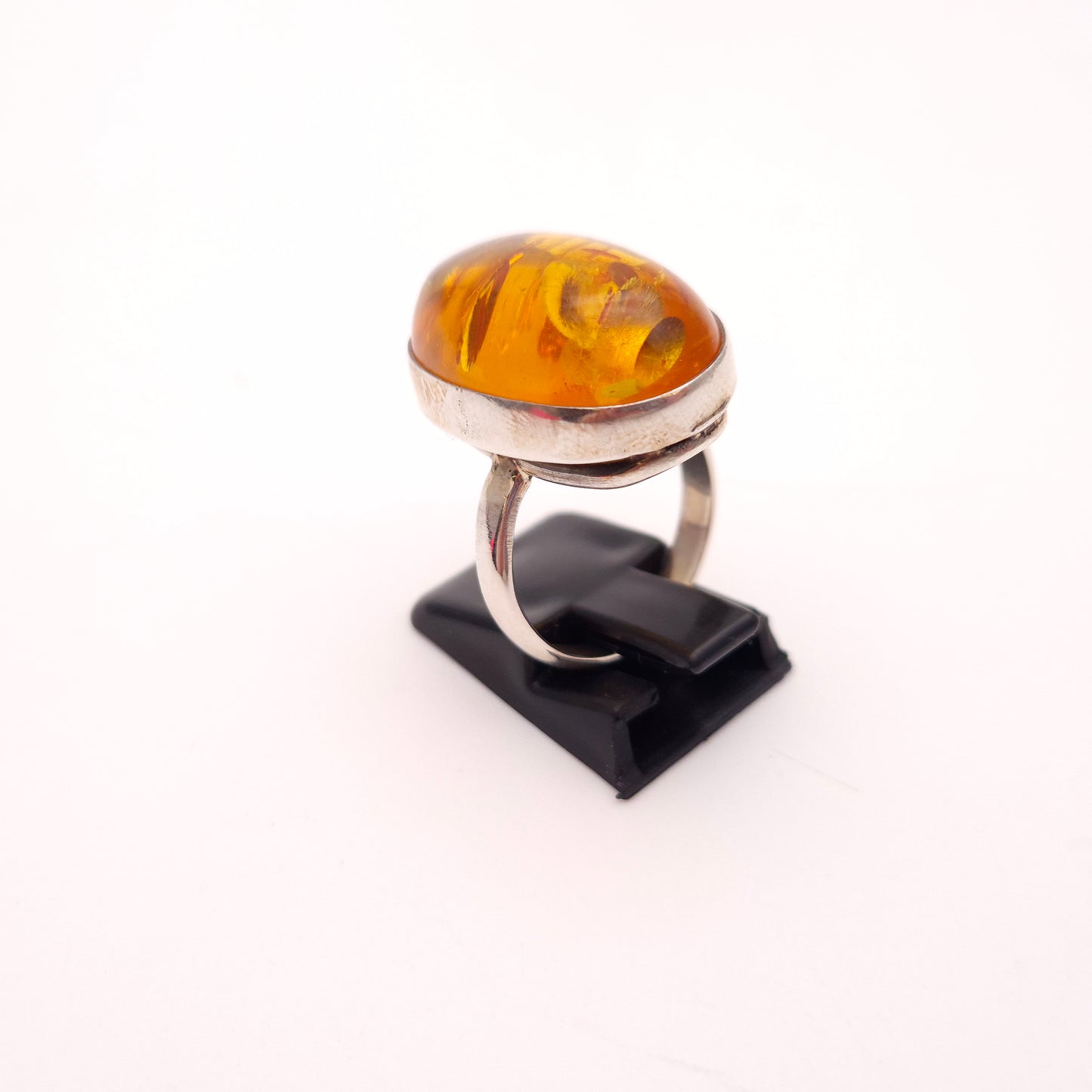 Sterling Silver Extra Large Oval Amber Cabochon Bezel Set Ring