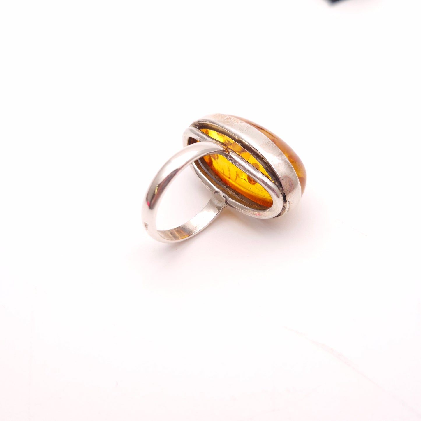Sterling Silver Extra Large Oval Amber Cabochon Bezel Set Ring