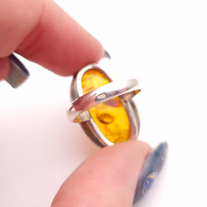 Sterling Silver Extra Large Oval Amber Cabochon Bezel Set Ring