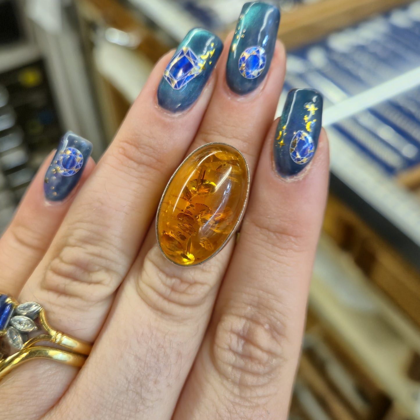 Sterling Silver Extra Large Oval Amber Cabochon Bezel Set Ring