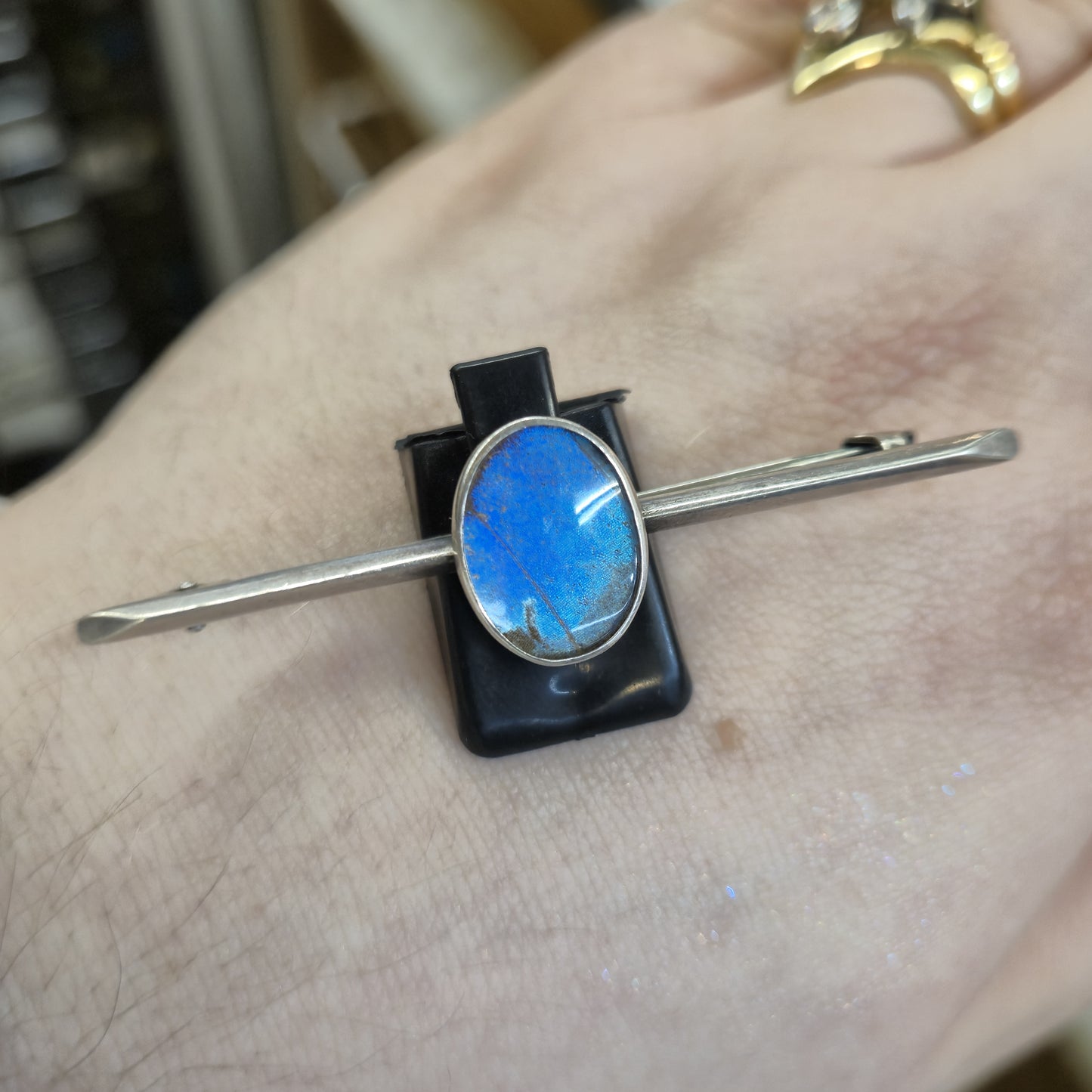 Sterling Silver Antique 1921 Oval Butterfly Wing Set Bar Brooch