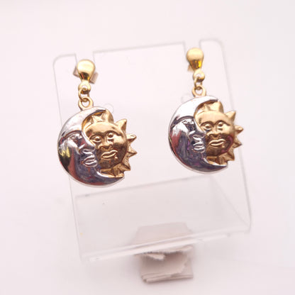9ct Two-Tone Yellow and White Gold Sun and Moon Lightweight Drop Earrings