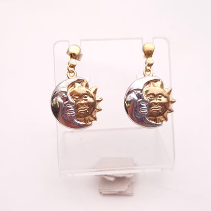 9ct Two-Tone Yellow and White Gold Sun and Moon Lightweight Drop Earrings