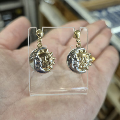 9ct Two-Tone Yellow and White Gold Sun and Moon Lightweight Drop Earrings