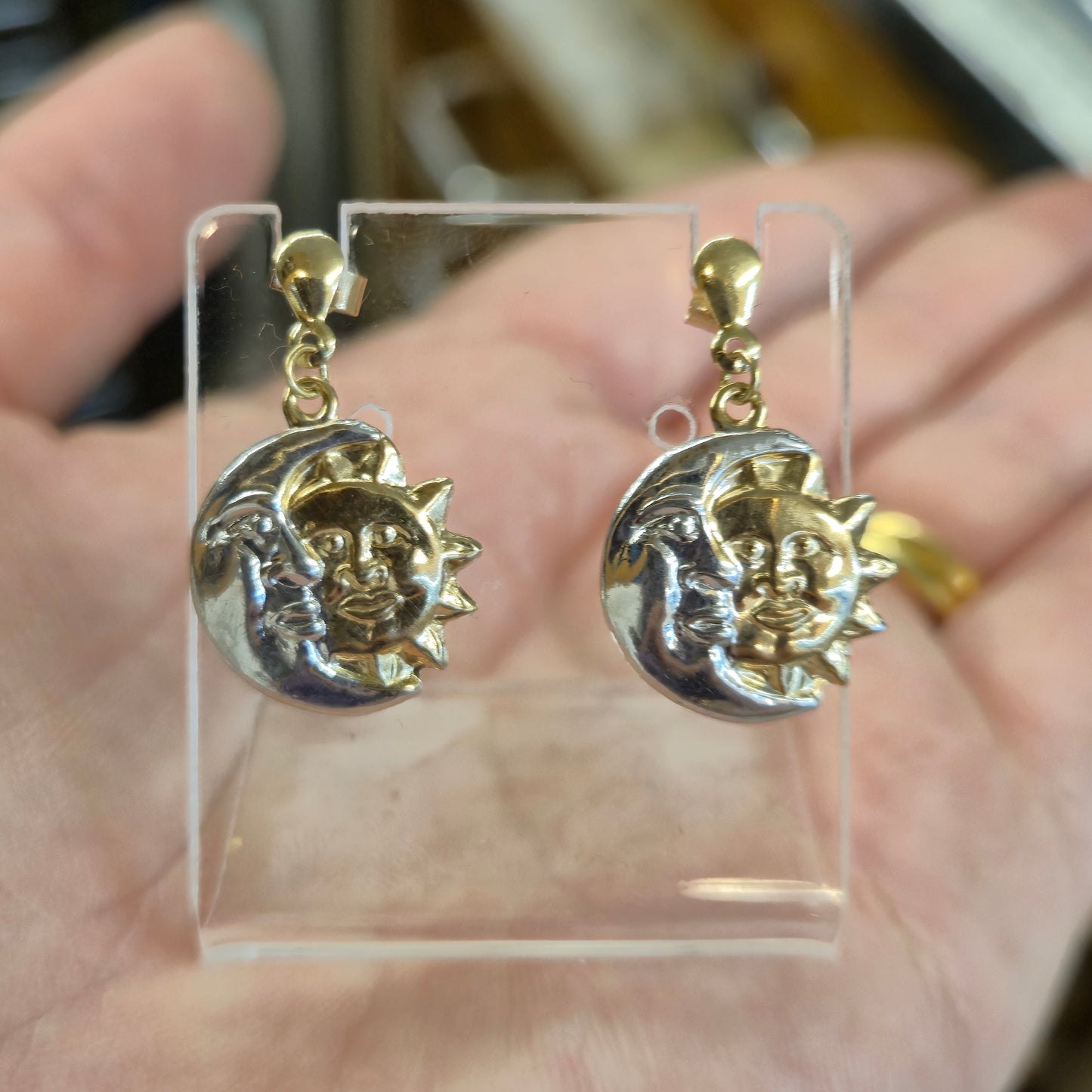 9ct Two-Tone Yellow and White Gold Sun and Moon Lightweight Drop Earrings