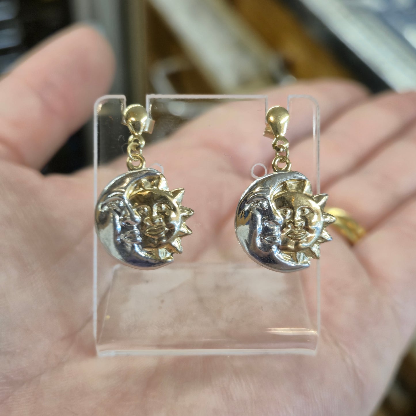 9ct Two-Tone Yellow and White Gold Sun and Moon Lightweight Drop Earrings