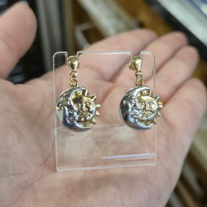 9ct Two-Tone Yellow and White Gold Sun and Moon Lightweight Drop Earrings