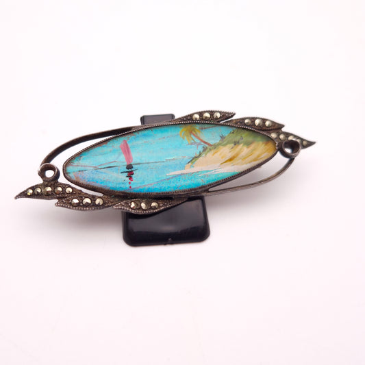 Sterling Silver Vintage Butterfly Wing and Marcasite Island Scene Brooch
