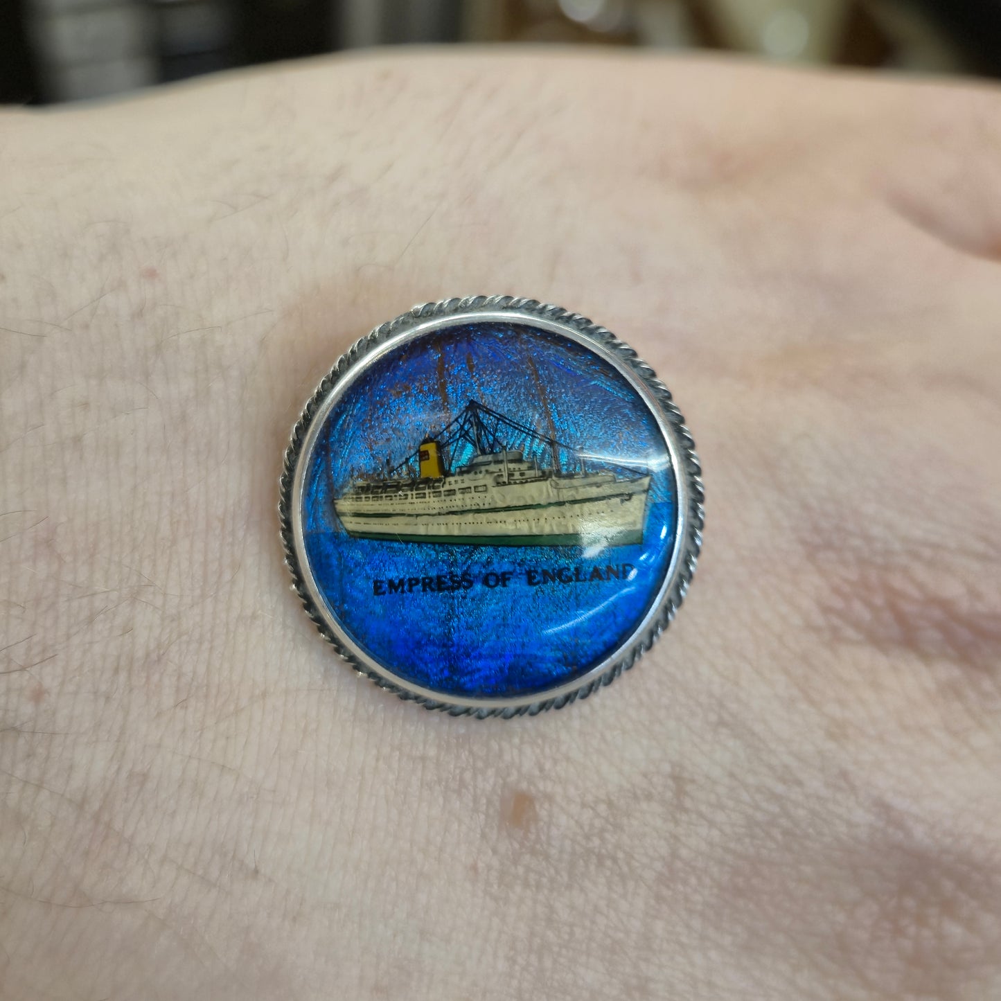 Sterling Silver Vintage Round Butterfly Wing Empress of England Boat Brooch