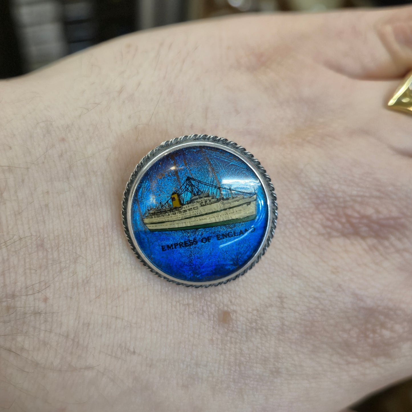 Sterling Silver Vintage Round Butterfly Wing Empress of England Boat Brooch