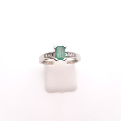 18ct White Gold Emerald Cut Emerald and Diamond Set Shoulders Ring