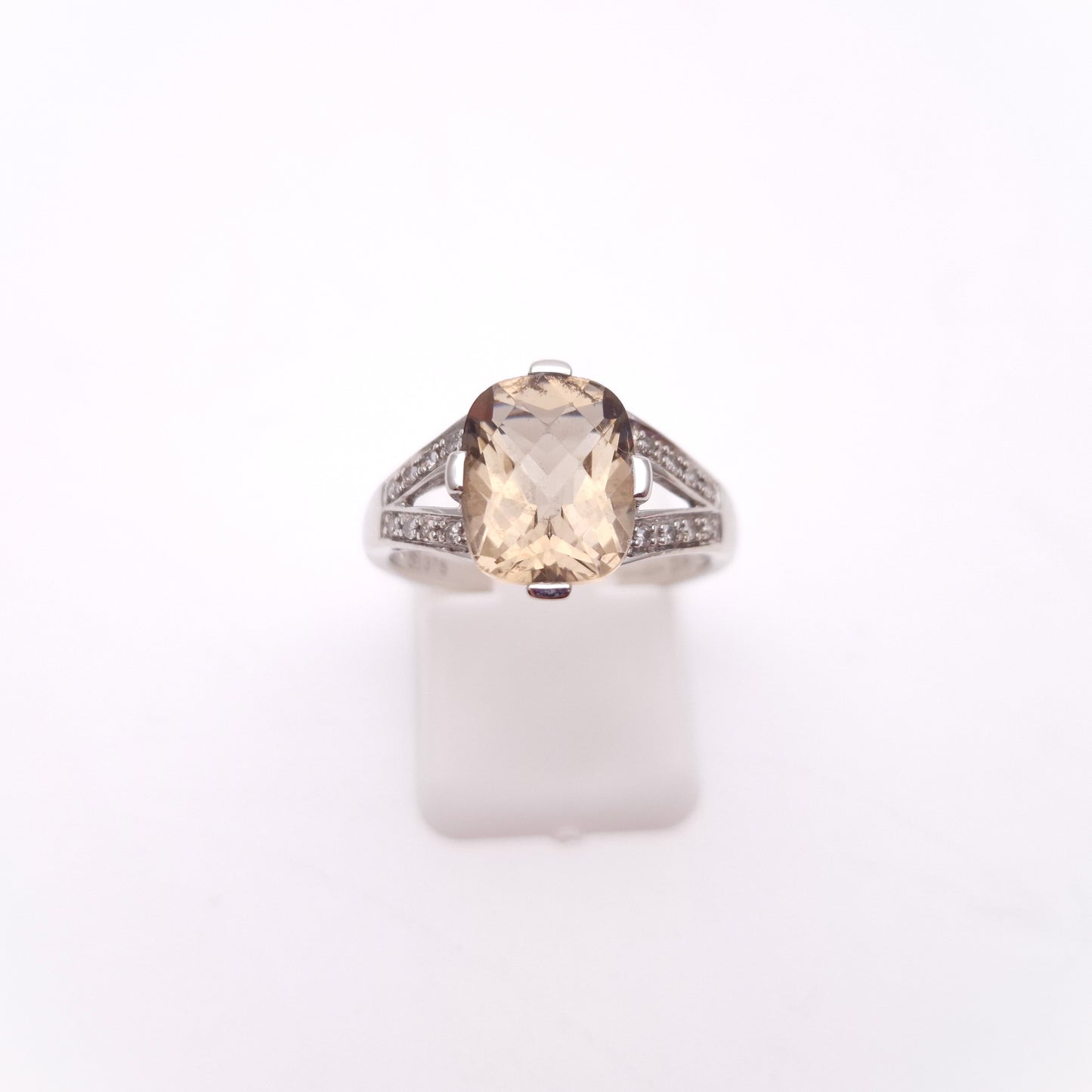 9ct White Gold Chequerboard Cushion Cut Smoky Quartz and Diamond Ring