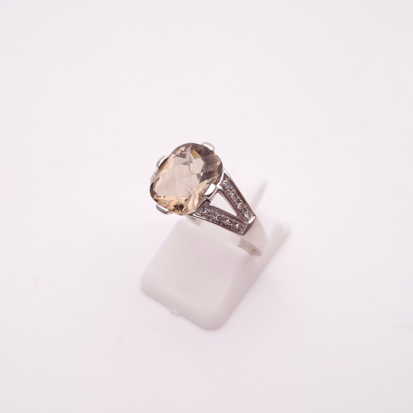 9ct White Gold Chequerboard Cushion Cut Smoky Quartz and Diamond Ring