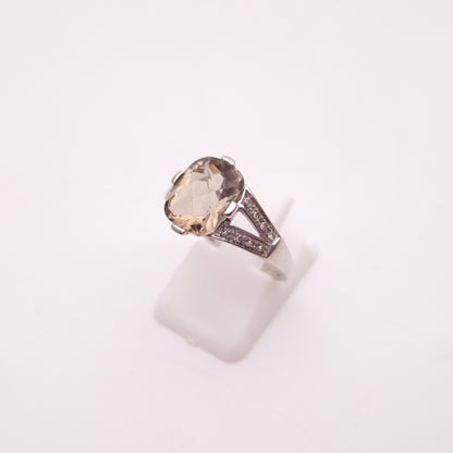 9ct White Gold Chequerboard Cushion Cut Smoky Quartz and Diamond Ring