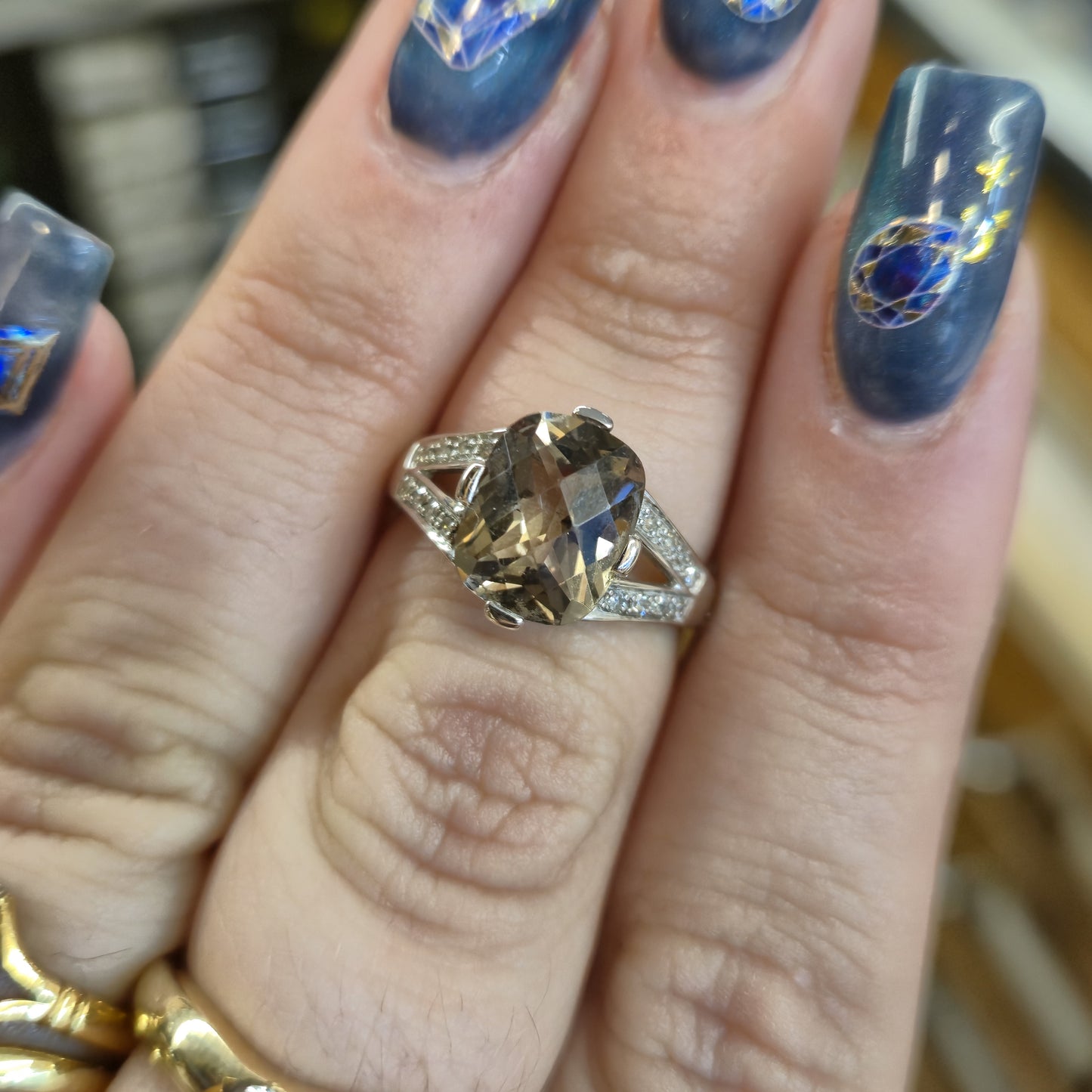 9ct White Gold Chequerboard Cushion Cut Smoky Quartz and Diamond Ring