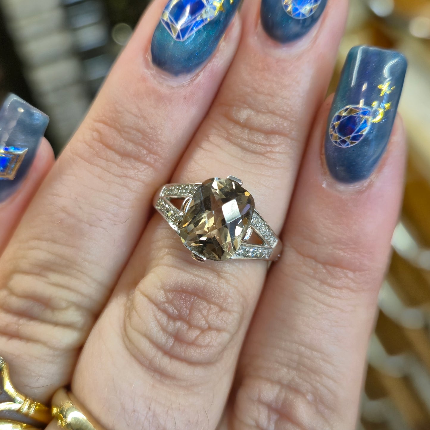 9ct White Gold Chequerboard Cushion Cut Smoky Quartz and Diamond Ring