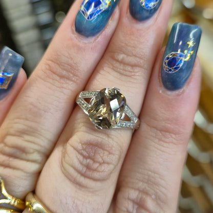 9ct White Gold Chequerboard Cushion Cut Smoky Quartz and Diamond Ring