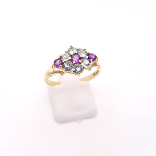 9ct Yellow Gold Blue Topaz and Amethyst Floral Cluster Ring