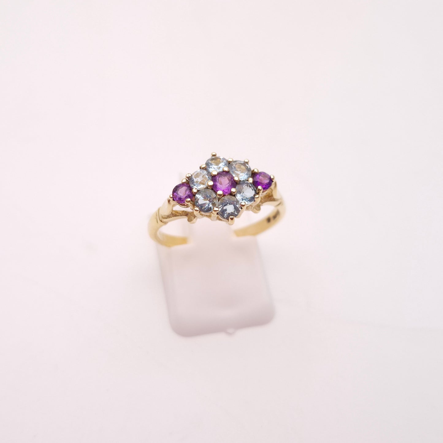 9ct Yellow Gold Blue Topaz and Amethyst Floral Cluster Ring