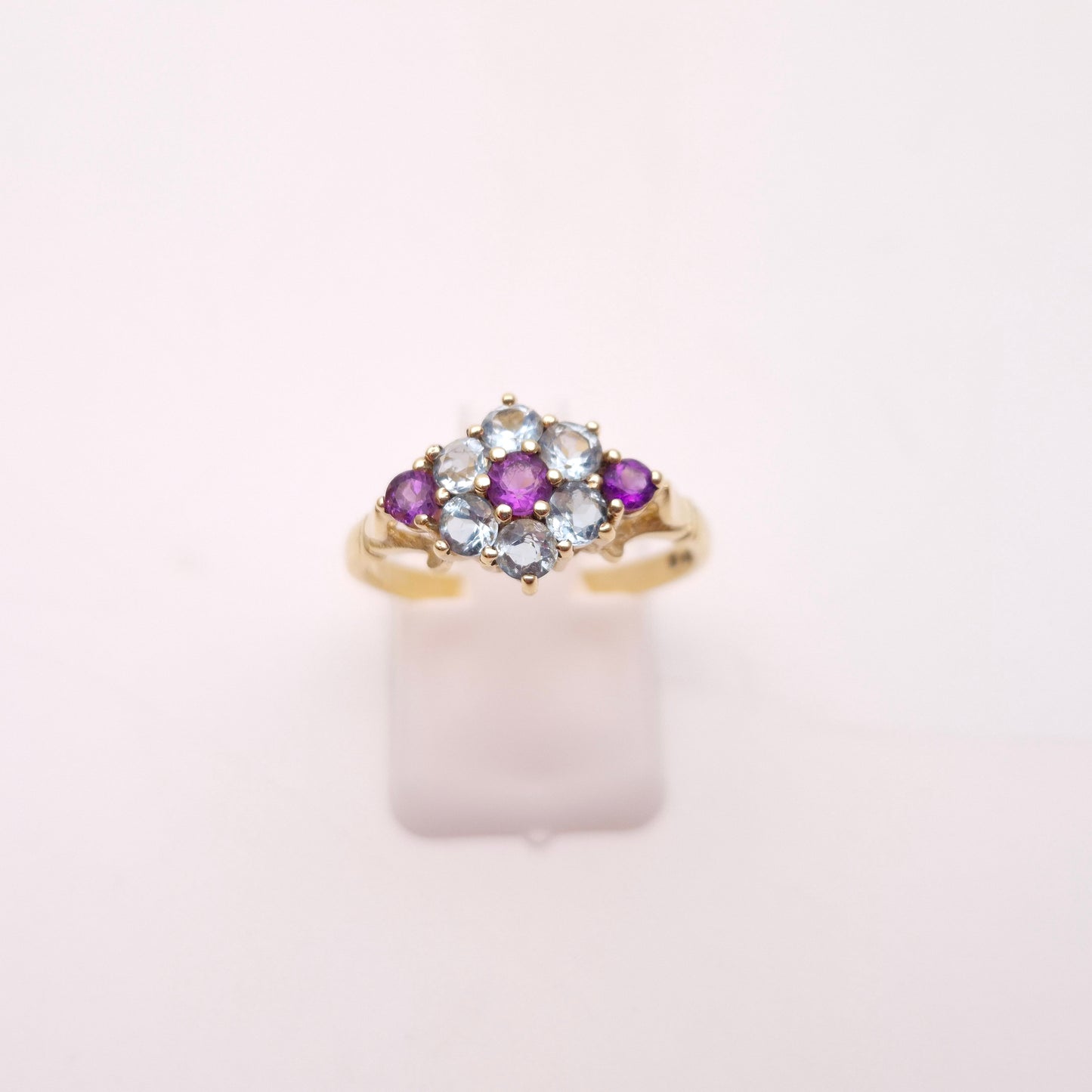 9ct Yellow Gold Blue Topaz and Amethyst Floral Cluster Ring