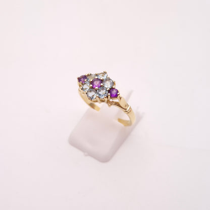9ct Yellow Gold Blue Topaz and Amethyst Floral Cluster Ring