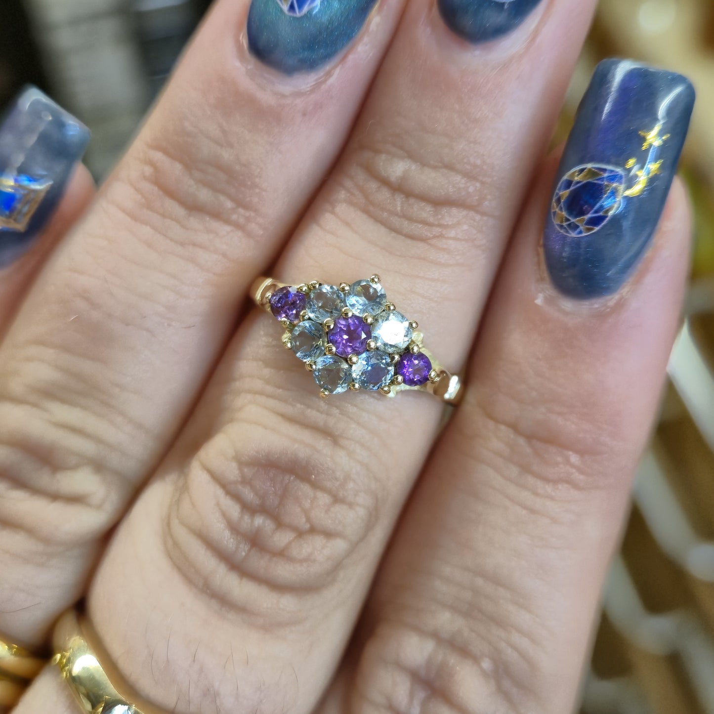 9ct Yellow Gold Blue Topaz and Amethyst Floral Cluster Ring