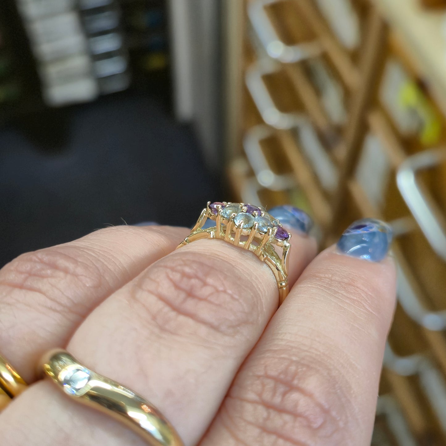 9ct Yellow Gold Blue Topaz and Amethyst Floral Cluster Ring