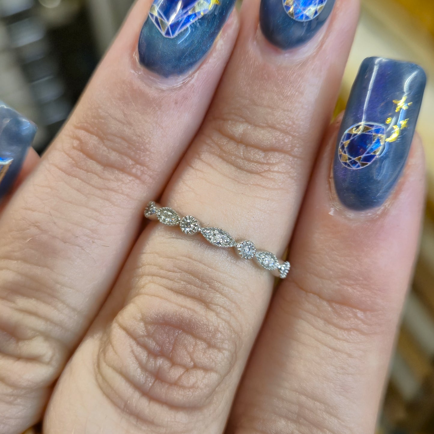 9ct White Gold Diamond Set Half Eternity Fancy Round / Marquise Panel Band Ring