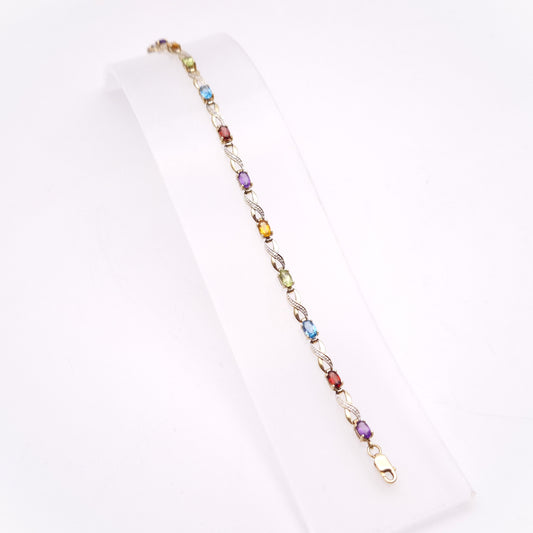 9ct Yellow Gold Rainbow Gemstone Bracelet with Garnet, Amethyst, Peridot etc.
