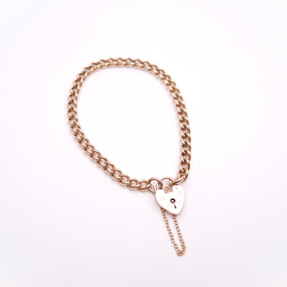 9ct Rose Gold Vintage Heavyweight Heart Padlock Curb Chain Bracelet
