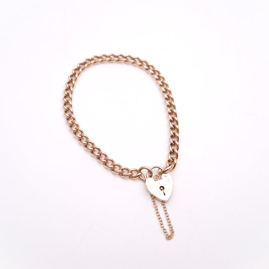9ct Rose Gold Vintage Heavyweight Heart Padlock Curb Chain Bracelet