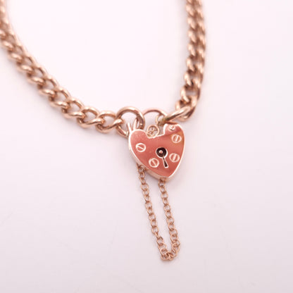 9ct Rose Gold Vintage Heavyweight Heart Padlock Curb Chain Bracelet