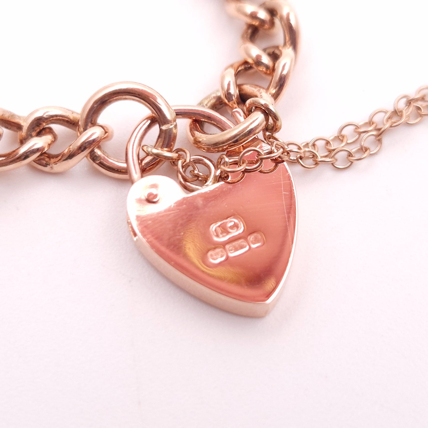 9ct Rose Gold Vintage Heavyweight Heart Padlock Curb Chain Bracelet