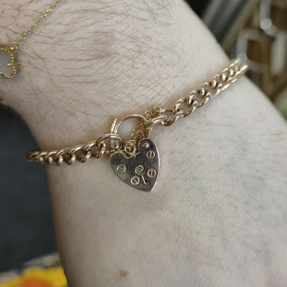 9ct Rose Gold Vintage Heavyweight Heart Padlock Curb Chain Bracelet