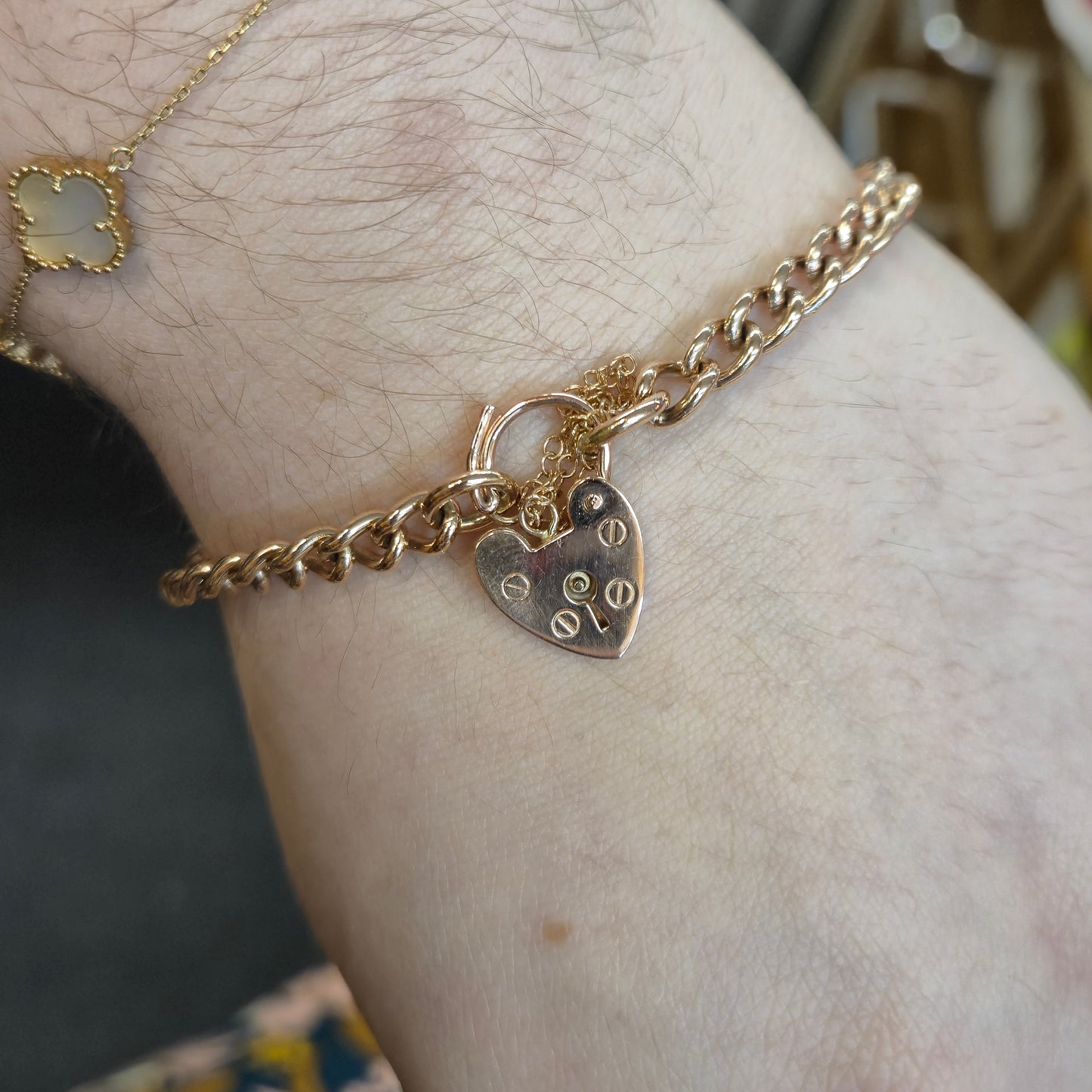 9ct Rose Gold Vintage Heavyweight Heart Padlock Curb Chain Bracelet