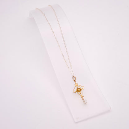 9ct Yellow Gold Orange Paste and Dogtooth Pearl Repro Vintage Openwork Necklace